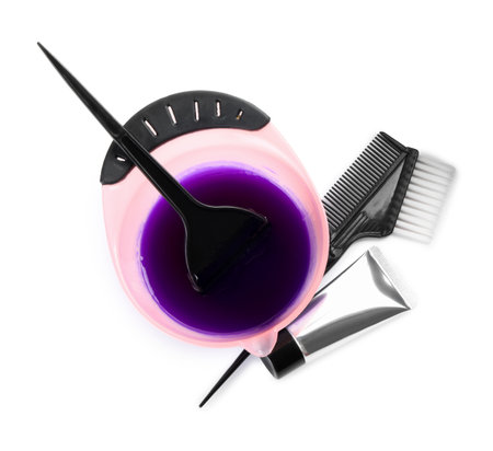 Different tools and products for hair dyeing isolated on white, top viewの写真素材