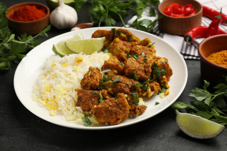 Delicious chicken tikka masala with rice, parsley and lime on dark textured table, closeupの写真素材