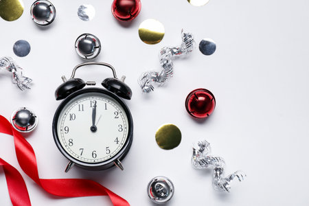 New Year celebration. Alarm clock and festive decor on light gray background, flat lay. Space for textの写真素材