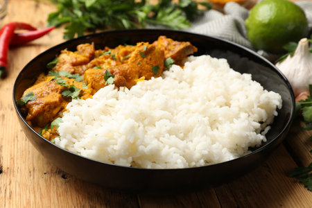 Chicken tikka masala with rice and spices on wooden table, closeupの写真素材