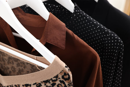 Hangers with different women's clothes indoors, closeup