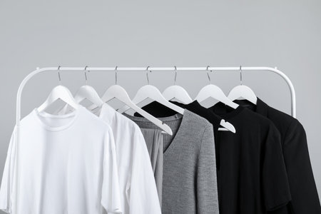 Different clothes hanging on rack against gray background, closeupの写真素材
