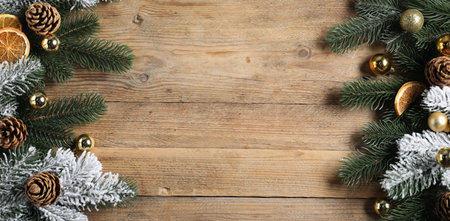 Flat lay composition with fir tree branches and other Christmas decor on wooden table, space for textの写真素材