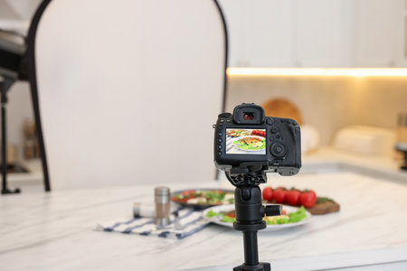 Shooting salmon with vegetables in studio, selective focus with space for text. Professional food photographyの写真素材