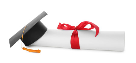 Diploma and graduation hat isolated on whiteの写真素材