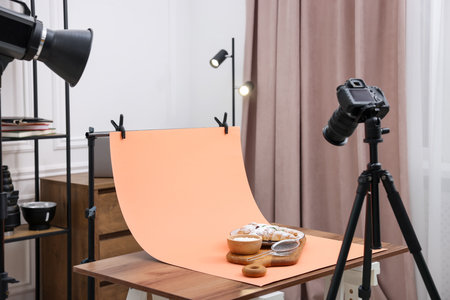 Shooting croissants at table in studio. Professional food photographyの写真素材