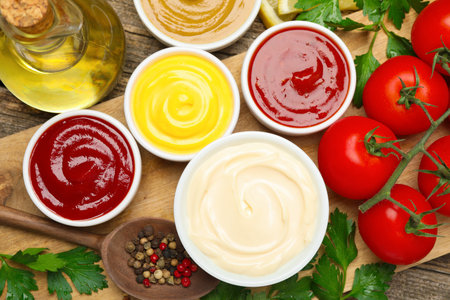 Different sauces in bowls and ingredients on wooden table, flat layの写真素材