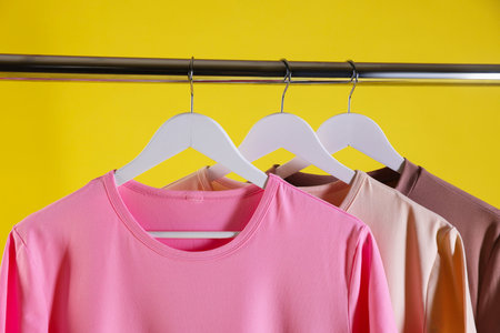 Different women's clothes hanging on rack against yellow background, closeup