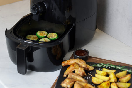 Air fryer with grilled vegetables, chicken wings, potato wedges and spices on white marble table, closeupの写真素材