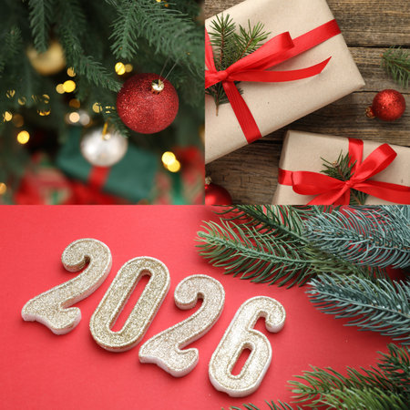 Christmas and New Year celebration. Collage of different holiday-themed photos