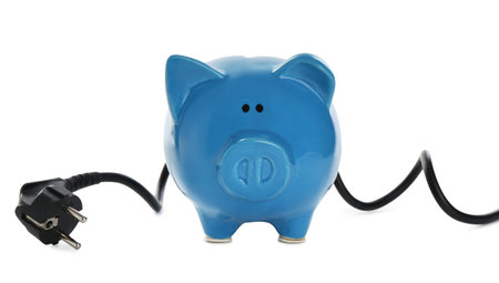 Electrical wire with plug and piggy bank isolated on white