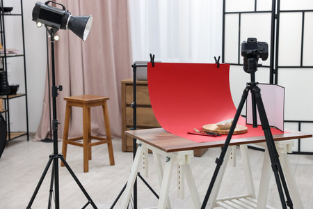 Shooting shrimps with vegetables at table in studio. Professional food photographyの写真素材