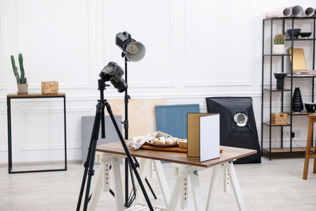 Shooting food at table in studio. Professional food photographyの写真素材