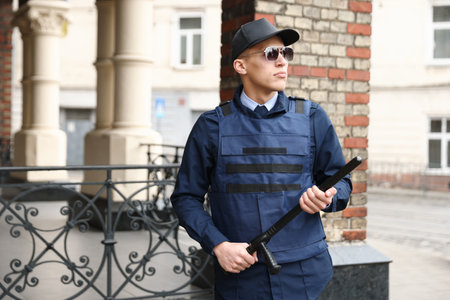 Police officer with baton on city street. Space for textの写真素材