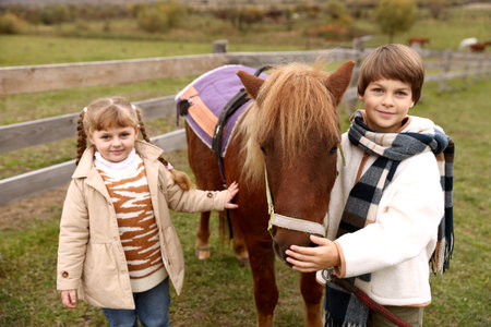 Equine assisted therapy. Children with beautiful pony outdoors. Lovely domesticated petの写真素材