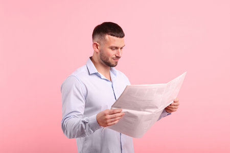 Young man reading newspaper against pink backgroundの写真素材