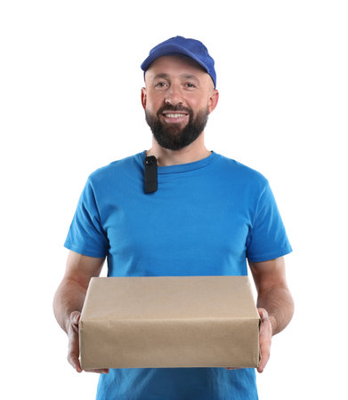 Courier with cardboard box on white backgroundの写真素材