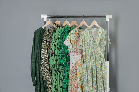 Different stylish clothes hanging on rack against gray backgroundの写真素材