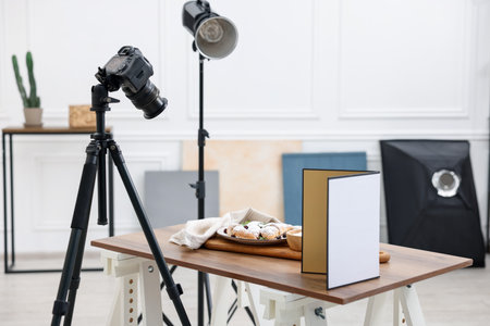 Shooting croissants at table in studio. Professional food photographyの写真素材