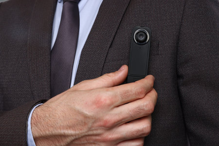 Businessman with modern hidden camera, closeup