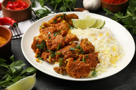 Delicious chicken tikka masala with rice, parsley and lime on dark textured table, closeupの写真素材