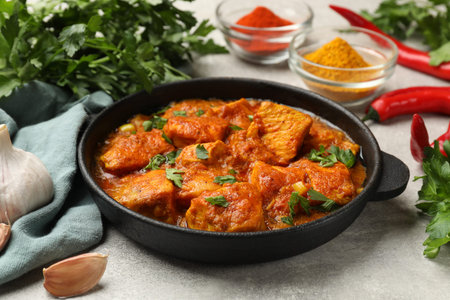 Chicken tikka masala with spices on gray table, closeup