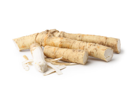 Fresh raw horseradish roots isolated on whiteの写真素材