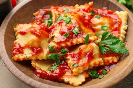 Delicious ravioli with tomato sauce and parsley on wooden table, closeupの写真素材