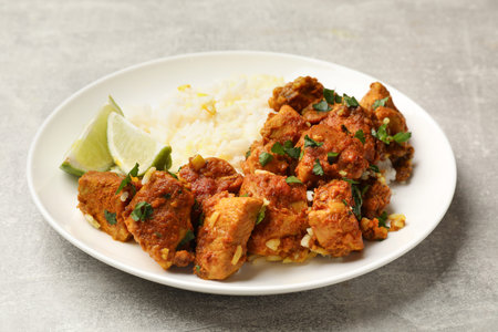 Delicious chicken tikka masala with rice, parsley and lime on gray textured table, closeupの写真素材