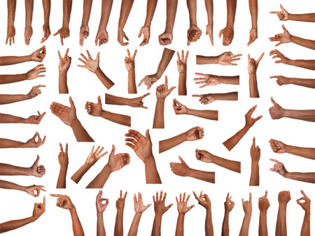 Set of hand gestures on white background. African American man showing arm, closeupの写真素材