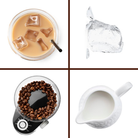 Iced coffee preparation on white background, collage. Top viewの写真素材