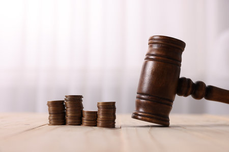 Alimony. Stacked coins and gavel on wooden table, closeupの写真素材