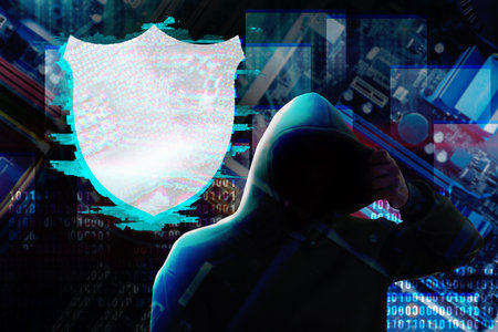 Cyber attack. Hacker in hood and shield, glitch effectの写真素材