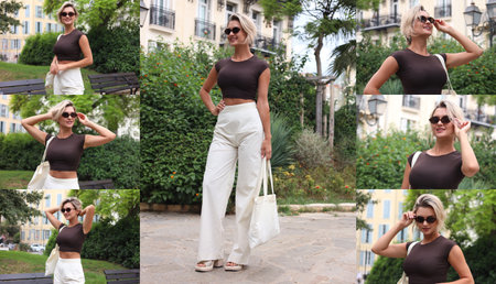 Ideas for posing during photo shoot. Portraits of woman outdoors, collageの写真素材