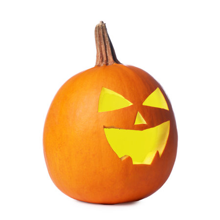 Carved Jack-o-lantern pumpkin on white background. Happy Halloweenの写真素材