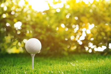 Golf ball and tee on green grass outdoorsの写真素材