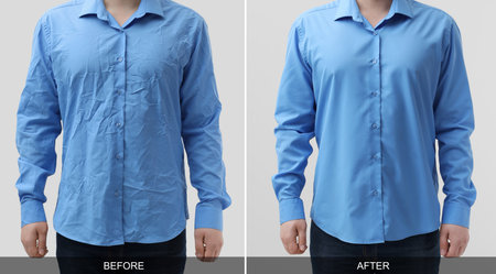 Man in shirt before and after ironing, closeup. Collage on light backgroundの写真素材