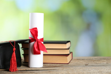 Diploma, graduation hat and stack of books on wooden table against blurred background, closeup. Space for textの写真素材