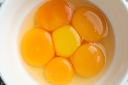 Fresh egg yolks in bowl, top viewの写真素材