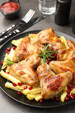 Grilled chicken wings with fries served on gray table, closeupの写真素材