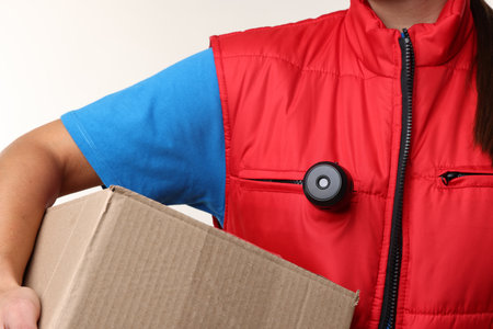 Courier with cardboard box on white background, closeupの写真素材