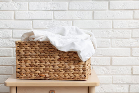 Wicker basket with laundry on table near white brick wall. Space for textの写真素材