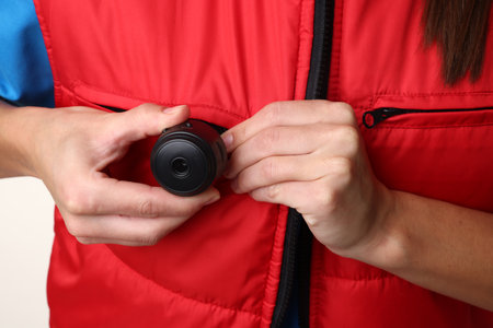 Courier with hidden camera on white background, closeup