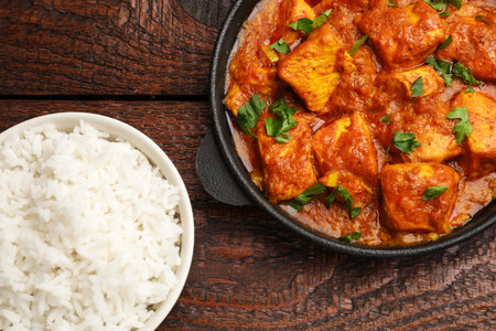 Chicken tikka masala with rice and parsley on wooden table, flat layの写真素材