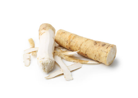 Fresh raw horseradish roots isolated on whiteの写真素材