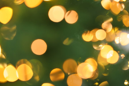 Blurred view of branches of beautiful Christmas tree and bokeh lights, closeupの写真素材