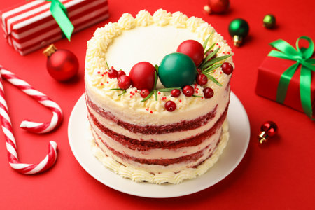 Delicious sponge cake with Christmas decor and berries on red background, closeup