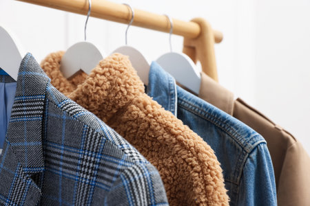Different stylish clothes hanging on rack near white wall indoors, closeup