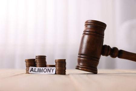 Paper note with word Alimony, stacked coins and gavel on wooden table, closeupの写真素材