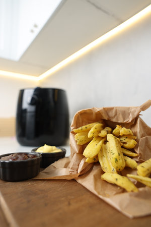 Cooked French fries, sauces and air fryer on countertop, closeup